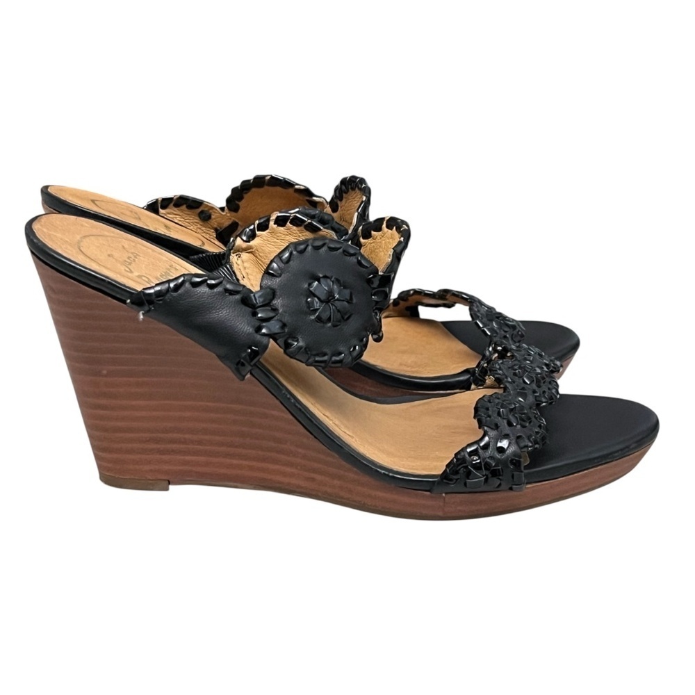Jack Rogers Luccia Wedge Sandals Black Leather Medallion 6.5M
